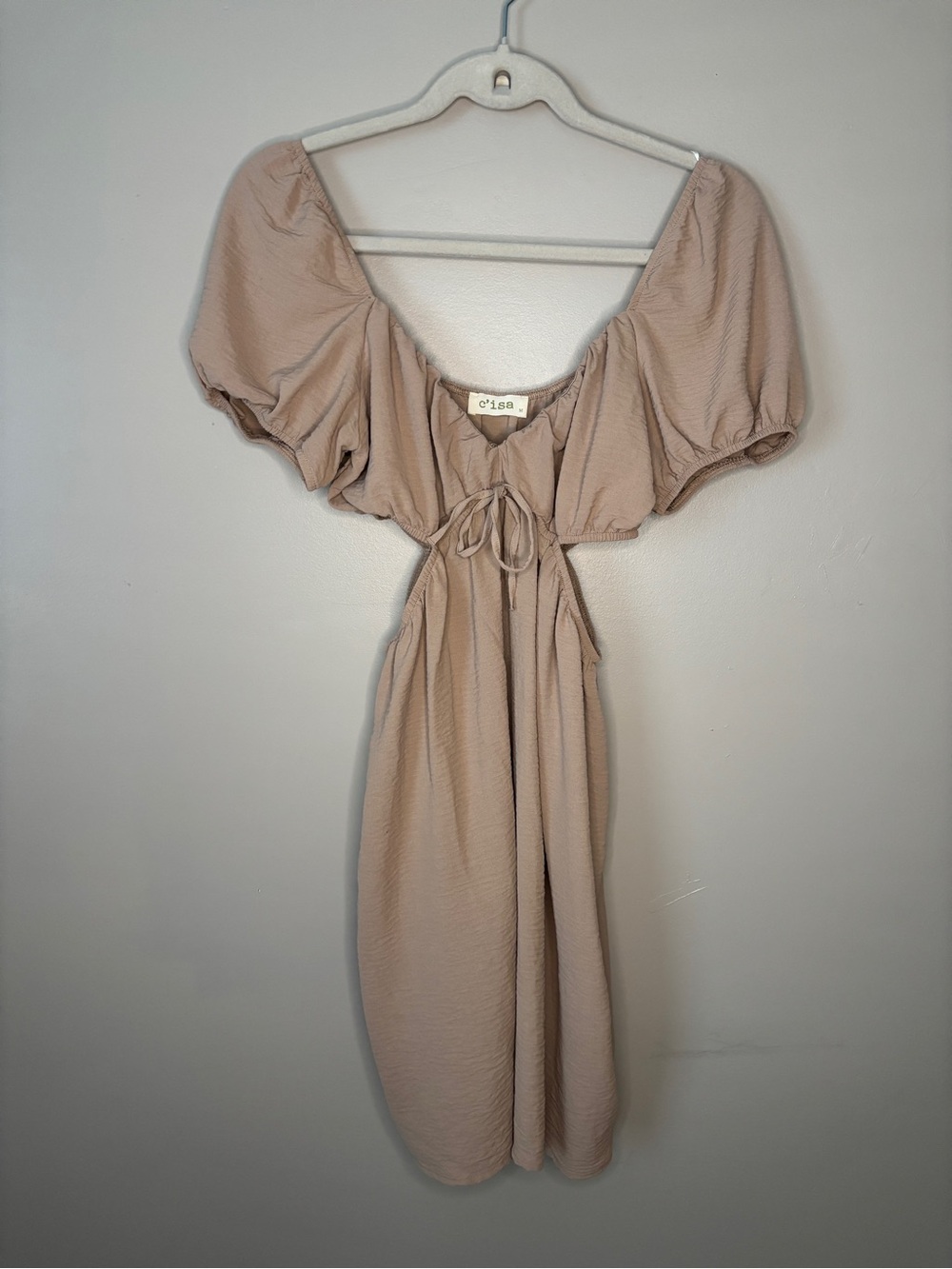 C'isa Cutout Puff-Sleeve Mini Dress (Taupe, Size Medium)